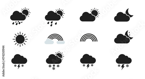 Variety of black weather icons depicting sun clouds rain and moon