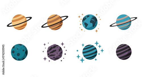 Colorful stylized planets with rings and starry elements arranged in a grid