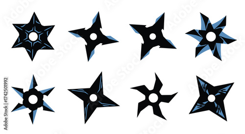 A collection of metallic throwing stars in various shades of blue