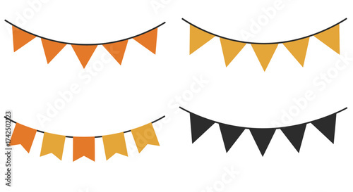 Colorful halloween bunting flags arranged in rows on a white background