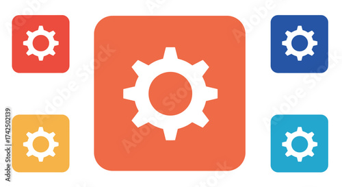 Four colorful rounded square icons displaying white gear symbols