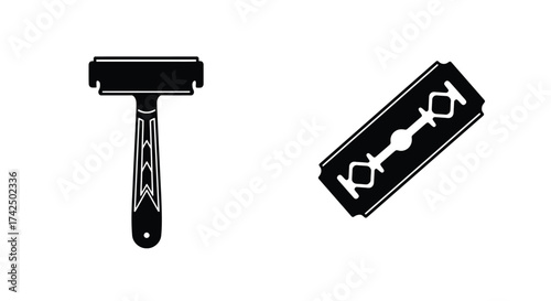 Simple black and white illustration of a safety razor and blade