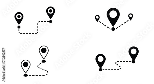 Black map pin icons with dotted lines showing routes and locations