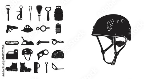 Collection of black silhouette icons depicting military gear and everyday objects
