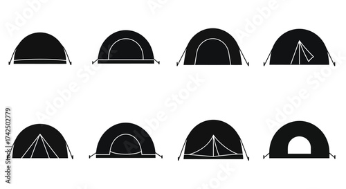 Simple black and white illustration depicting various tent shapes and designs
