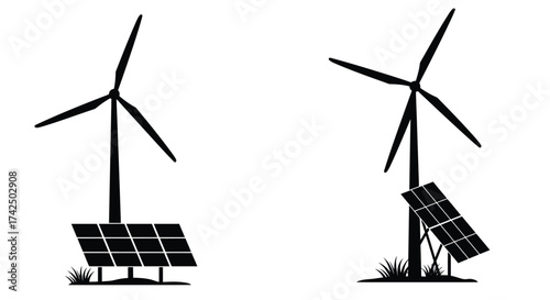 Black and white illustration combining wind turbine and solar panel elements