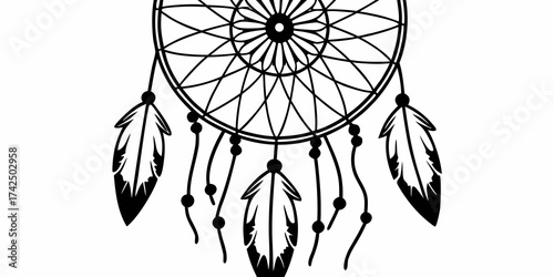 A detailed black and white dreamcatcher with feathers and beads hanging from the circular web design