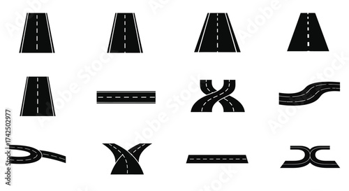 Various black and white road segment illustrations for design applications