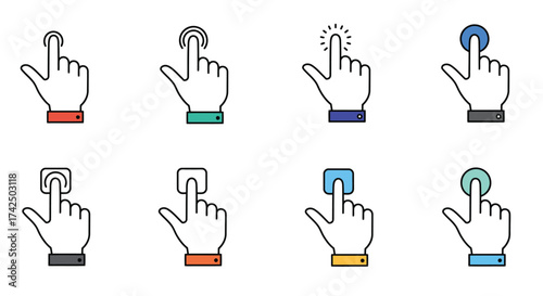 A series of colorful hand icons demonstrating different touch interactions