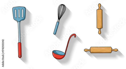 Illustration of kitchen utensils including a spatula whisk ladle and two rolling pins on white