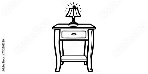 Illustration of a nightstand with a drawer and a lamp on top emitting light rays in black and white