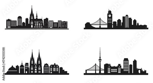 Four black silhouette skylines representing famous european city landmarks