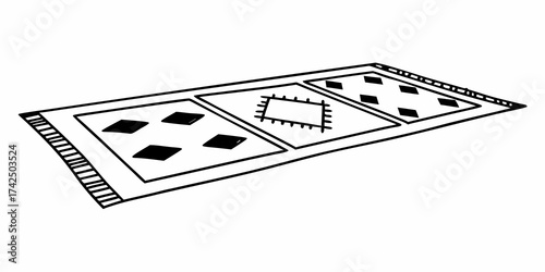 A hand drawn rug with three distinct panels and tassels on one end in a black and white illustration