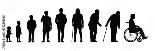 Human lifespan silhouette vector illustration showing stages from infancy to old age and disability silhouette vector illustration white background