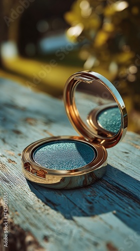 Wallpaper Mural a luxurious open gold eyeshadow compact revealing shimmering teal blue glitter makeup on weathered rustic blue wood with natural outdoor light and bokeh background Torontodigital.ca