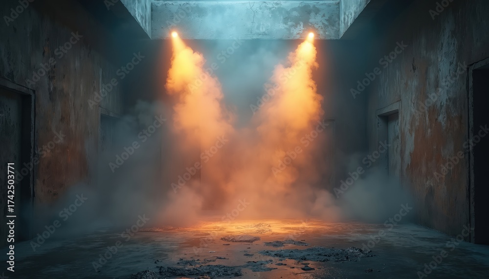 Obraz premium Two spotlights shine through industrial room, illuminating orange smoke and dusty floor. Dark, gritty space with distressed walls and doorways, atmospheric lighting.