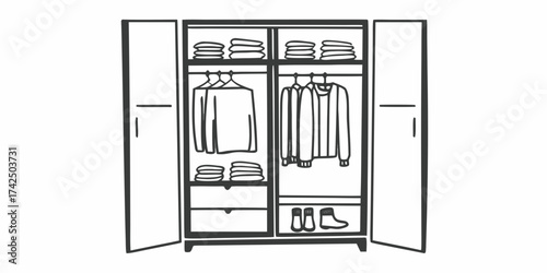 Illustration of a wardrobe with open doors showing clothes stacked and hanging inside the furniture