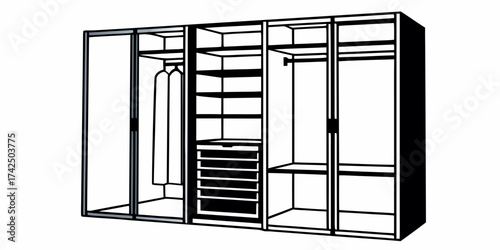 Illustration of a large wardrobe with sliding doors shelves and drawers in a minimalist style design