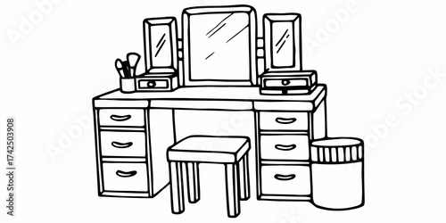Illustration of a vanity table with drawers mirrors stool and makeup brushes in a container drawing