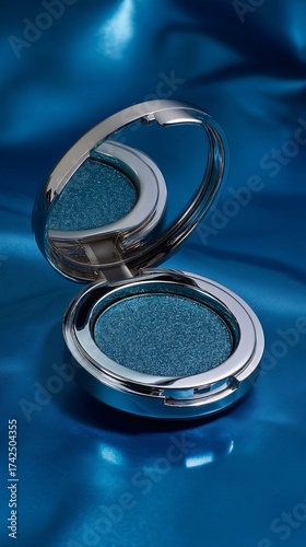 Wallpaper Mural a luxury silver eyeshadow compact opened to reveal shimmering deep teal or iridescent blue glitter pigment makeup on a rich satin blue background Torontodigital.ca