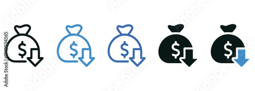 WebIllustrations of a money bag with a downward arrow convey financial loss, reduced profits, or economic decline for business concepts and presentations about market downturns