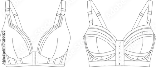 Bra technical fashion illustration, front and back view, lingerie garment design, adjustable strap, hook closure, flat vector drawing