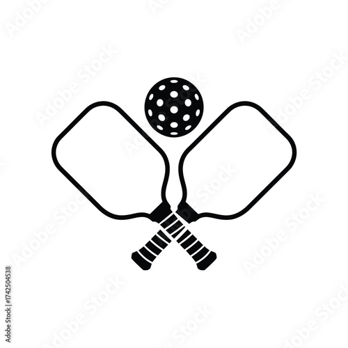 Minimalist black and white pickleball paddles and ball vector graphic for sport enthusiasts eps format silhouette vector illustration white background