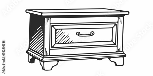 Illustration of a nightstand with a drawer and decorative legs in black and white style art drawing