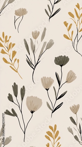 Wallpaper Mural a minimal abstract floral pattern with hand-drawn botanical elements in muted beige, mustard yellow, and charcoal gray colors on a pale cream background Torontodigital.ca