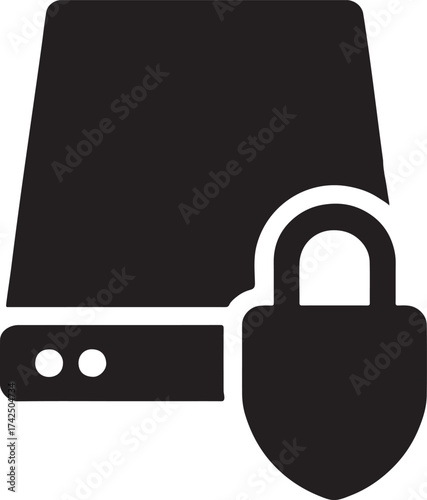 Hard drive with lock symbol silhouette, secure storage vector, data protection EPS icon.