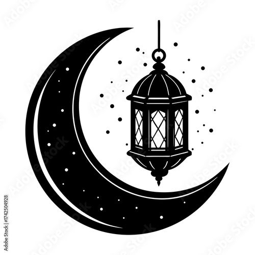 Crescent moon silhouette with hanging lantern vector illustration for festive occasions