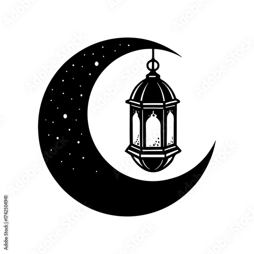Elegant crescent moon silhouette with hanging lantern vector illustration scalable icon