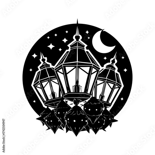 Silhouette lantern cluster with crescent moon and stars vector illustration scalable graphic design