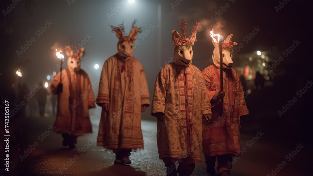 Fototapeta premium Experiencing the magic of evening parade with torches and kurent masks