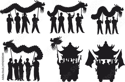 Chinese Dragon Dance Silhouette Vector Set Featuring Parade Floats, Flags, Traditional Costumes, Cultural Celebration, and Lunar New Year Festival Scenes