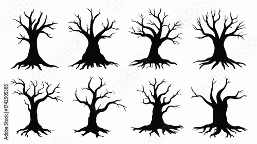 Set of eight stylized black and white tree silhouettes vector illustration scalable eps icon collection silhouette vector illustration white background