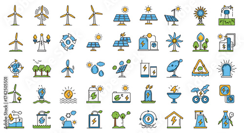 A collection of various renewable energy source icons including wind solar and hydroelectric power sources