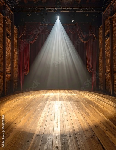 Empty wooden stage with spotlight and red velvet curtains