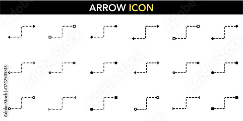 Corner Arrow Right Angle Icon Set - L-Shaped Turn Direction Pointer Bent Navigation Symbol Dotted Dashed Line Path Connector Vector UI Element Flow Indicator Diagram Graphic Infographic Presentation 