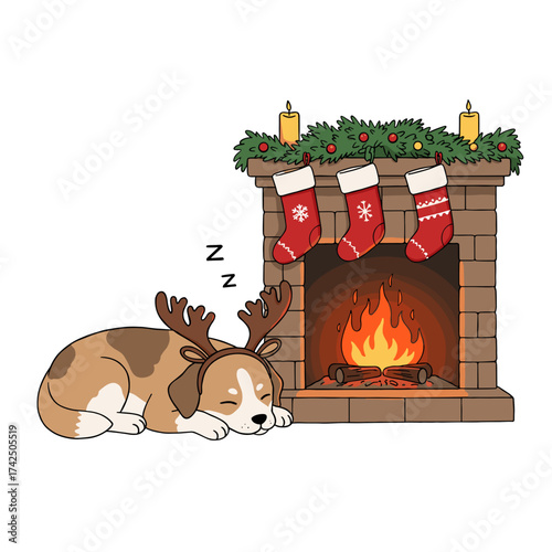 A dog with reindeer antlers sleeps by a fireplace with hanging Christmas stockings