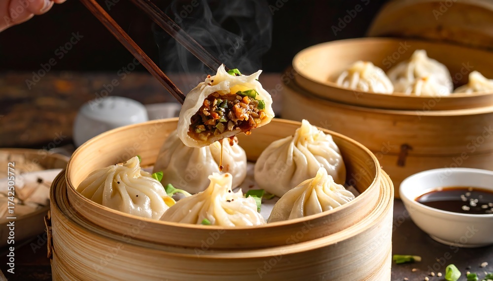 Obraz premium Flying xiao long bao half bite with broth dripping, vinegar sauce bowl apart.