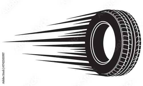 Dynamic Automotive Tire with Speed Lines on a White Background