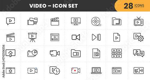  Thin Line Video Icon Set – Black Outline Media, Movie, Film, Camera, Play Button, Streaming, Editing, Production, Recording, Multimedia, Minimalist Vector Illustration with transparent Background.