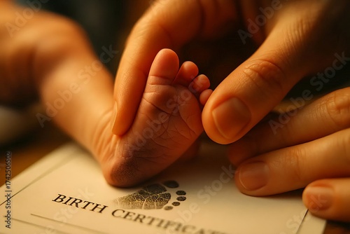 Macro shot of a nurse's hands gently taking a newborn baby's footprint on a birth certificate.