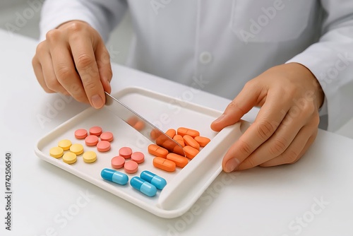 Close-up of a pharmacist's hands counting pills on a clean, white counter.