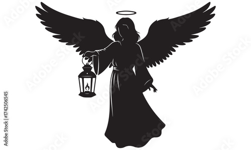 Angel Silhouette with Wings, Halo, and Lit Lantern