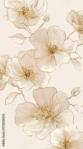 Wallpaper Mural luxury minimal floral pattern gold line art flower background with delicate petals and elegant golden pistils on a pale cream champagne background Torontodigital.ca