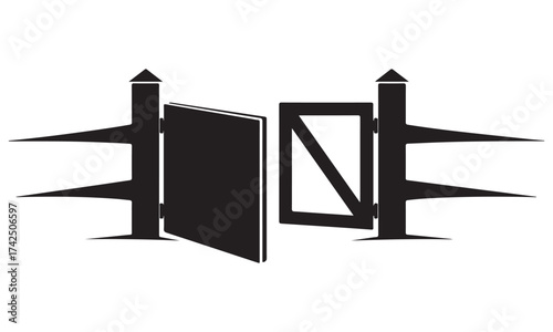 Stylized Black and White Open Gate Illustration with Fence Posts