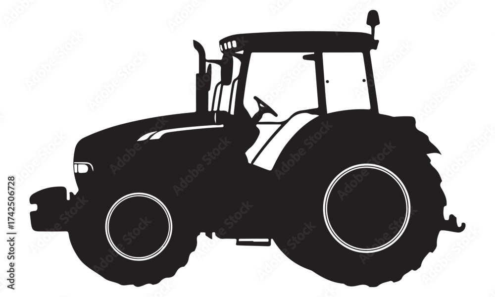 Obraz premium Black Silhouette of a Modern Farm Tractor Icon on a White Background