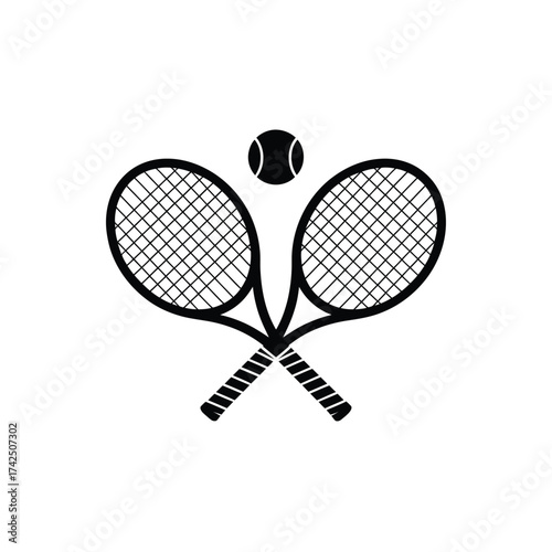 Minimalist black and white tennis rackets and ball vector illustration for sports design silhouette vector illustration white background